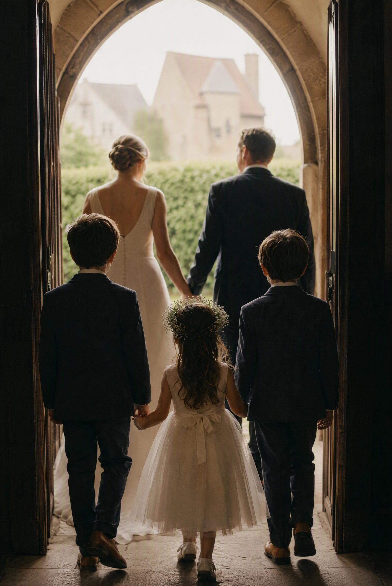 A bride and groom walking hand in hand out of a church doorway with three children, seen from behind