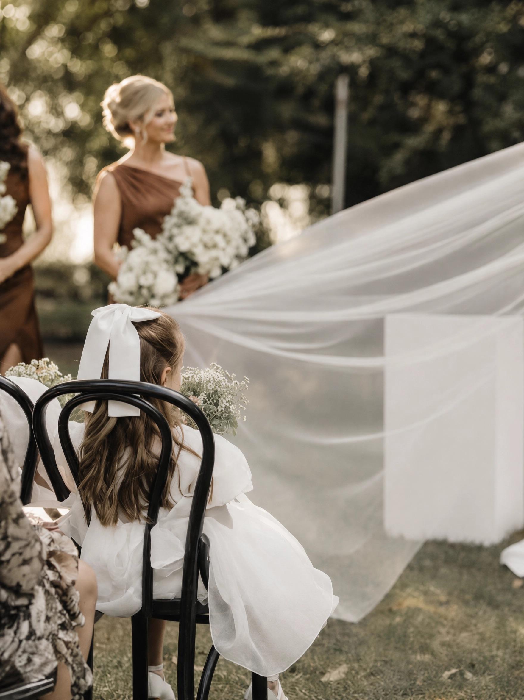 A flower girl in a white dress and bow seated on a bentwood chair at an outdoor ceremony, a long veil drifting beside her