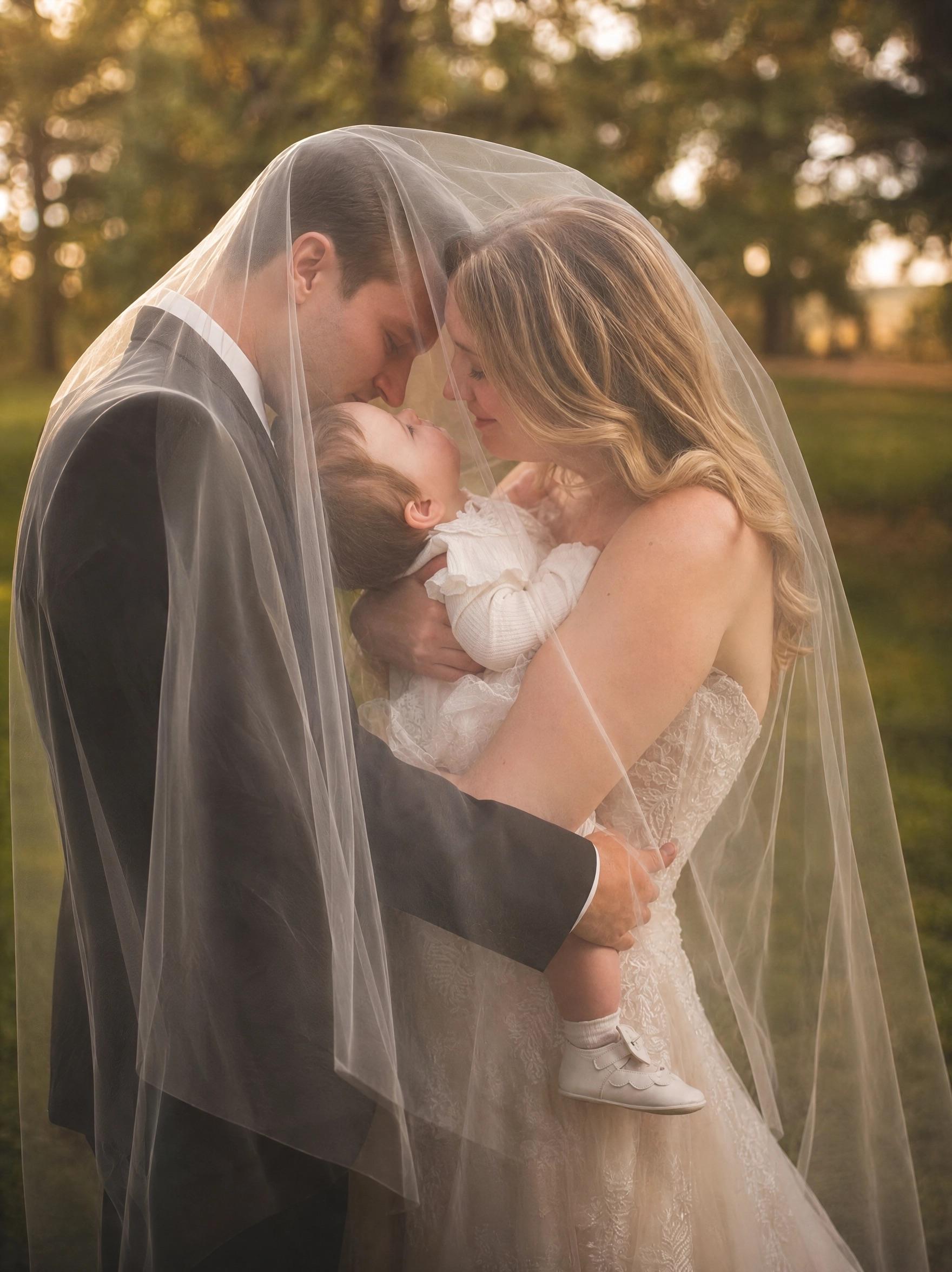 A bride and groom touching foreheads with their baby in their arms, beneath the bride’s veil
