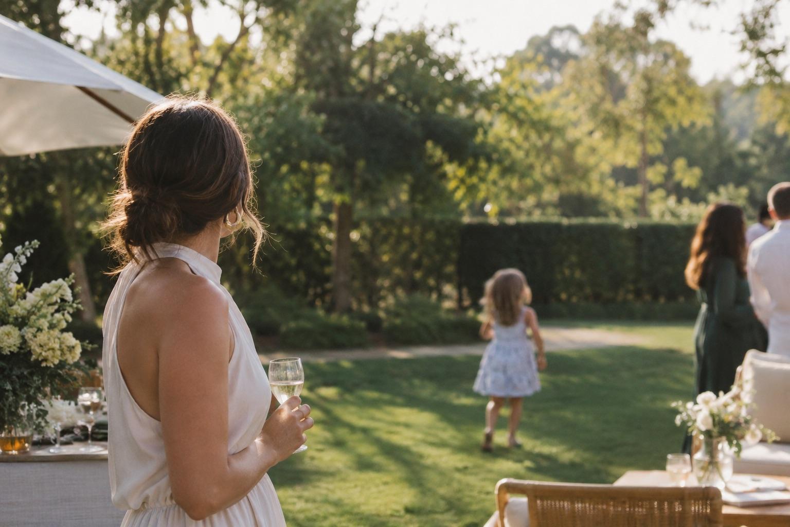 A woman holding a glass of champagne at a garden celebration, watching a little girl in a blue dress walk across the lawn